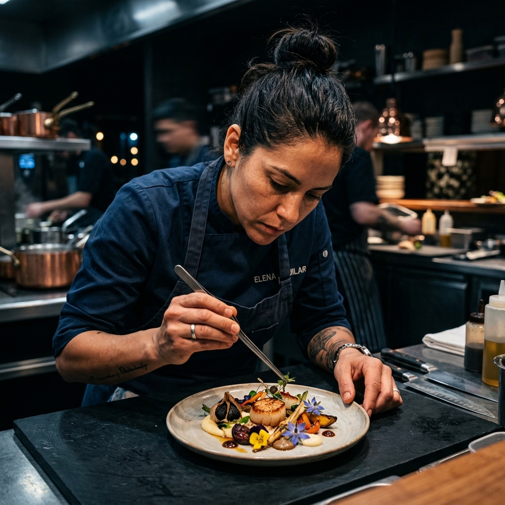 Intense Hispanic female chef carefully plating an exquisite gourmet dish with precision tweezers